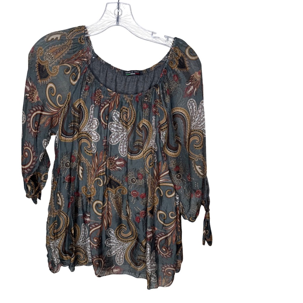 Made in Italy Silk Boho‎ Paisley Print Gathered Neck 3/4 Sleeve Top Women's M